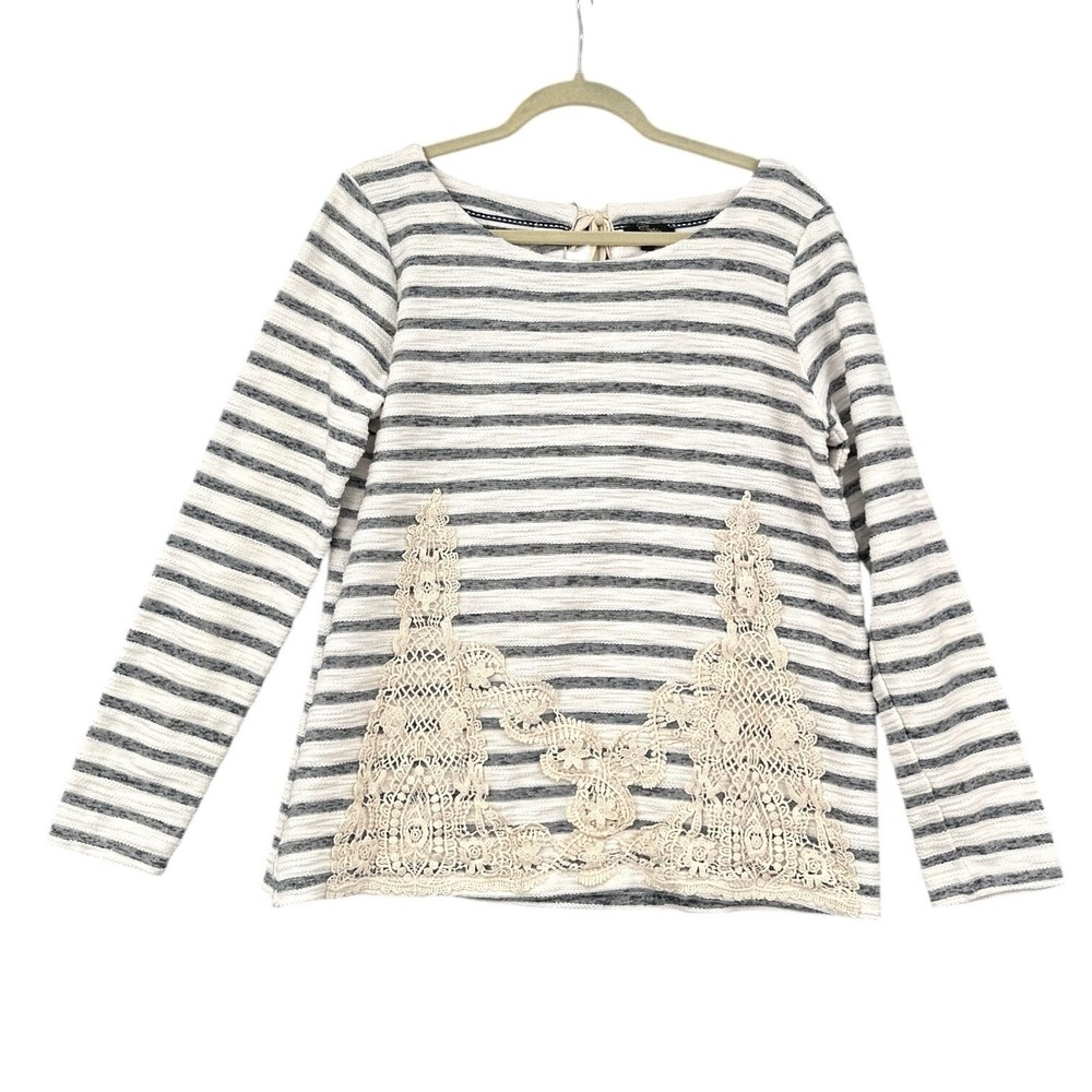 Cupio Striped Crochet Lace Long Sleeve Top Womens XL Cotton Blend White Gray